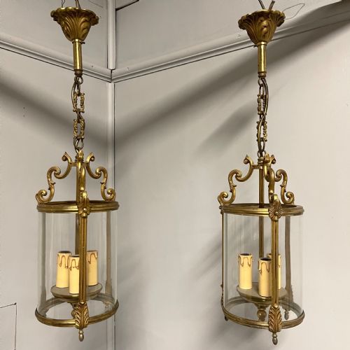 pair of french brass cylinder hanging lanterns - CATEGORY: ANTIQUE LIGHTING - DATED 1930