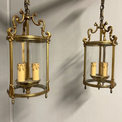 PAIR OF FRENCH BRASS CYLINDER HANGING LANTERNS - ADDITIONAL PHOTO 1
