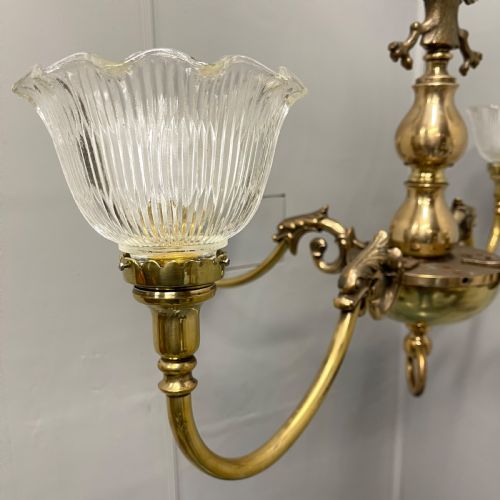 LARGE BRASS CHANDELIER WITH HOLOPHANE SHADES - ADDITIONAL PHOTO 1