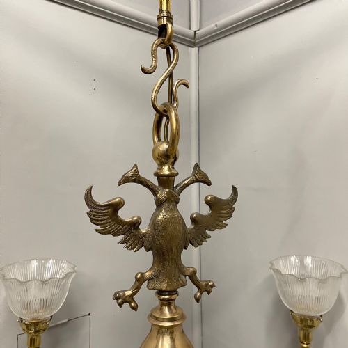 LARGE BRASS CHANDELIER WITH HOLOPHANE SHADES - ADDITIONAL PHOTO 5