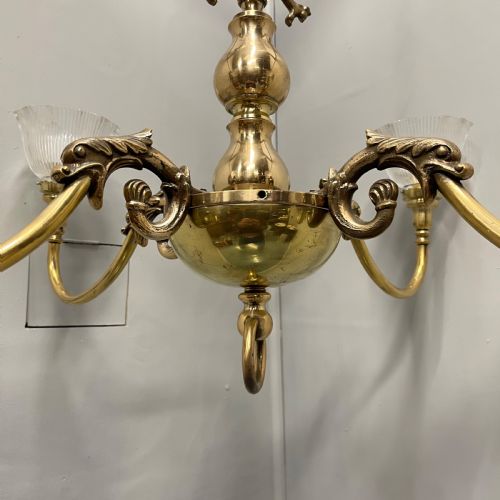 LARGE BRASS CHANDELIER WITH HOLOPHANE SHADES - ADDITIONAL PHOTO 7