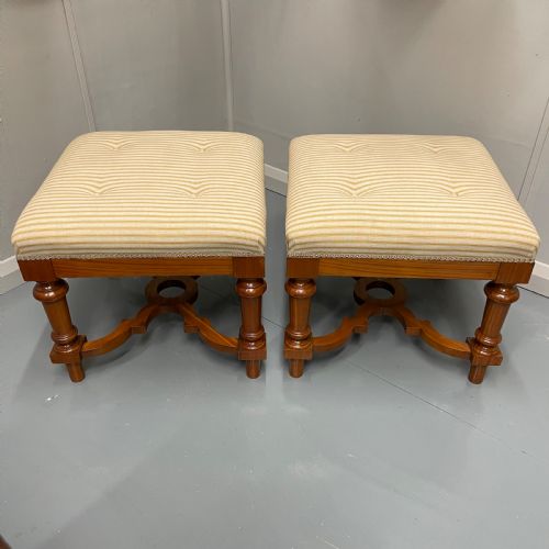 PAIR OF FRENCH SATINWOOD STOOLS WITH BUTTONED TICKING STRIPES - ADDITIONAL PHOTO 1