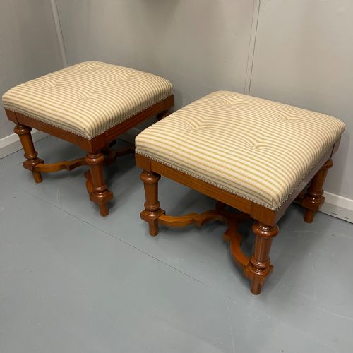 PAIR OF FRENCH SATINWOOD STOOLS WITH BUTTONED TICKING STRIPES - ADDITIONAL PHOTO 4