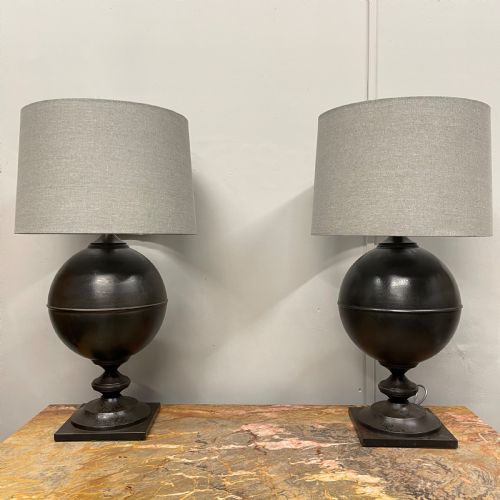 pair of large black toleware finial lamps - CATEGORY: ANTIQUE LIGHTING - DATED 1930