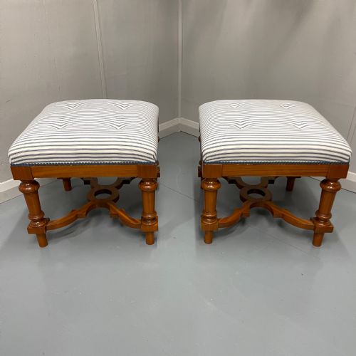 pair of blue buttoned ticking stripe stools - CATEGORY: ANTIQUE STOOLS - DATED 19TH CENTURY