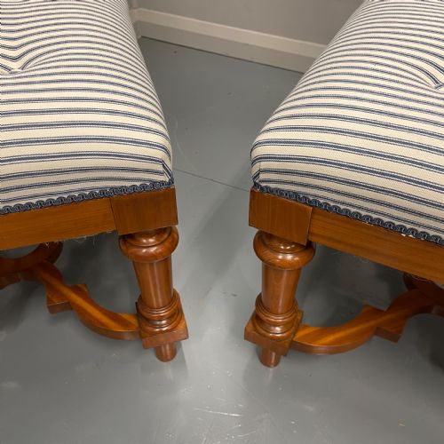 PAIR OF BLUE BUTTONED TICKING STRIPE STOOLS - ADDITIONAL PHOTO 3