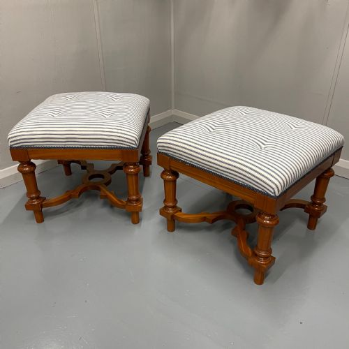 PAIR OF BLUE BUTTONED TICKING STRIPE STOOLS - ADDITIONAL PHOTO 5