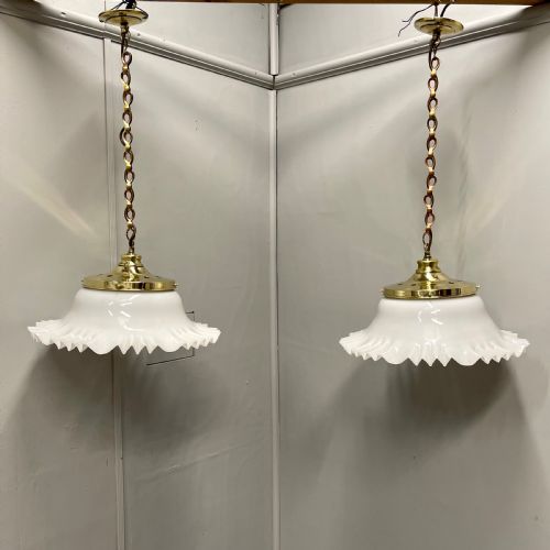 pair of hanging opaline and brass lights - CATEGORY: ANTIQUE LIGHTING - DATED 1900