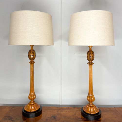 pair of satinwood and ebonised table lamps - CATEGORY: ANTIQUE LIGHTING - DATED 1900