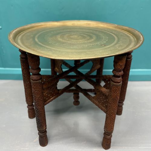 indian engraved brass tray top folding side table - CATEGORY: ANTIQUE MISCELLANEOUS - DATED 19TH CENTURY