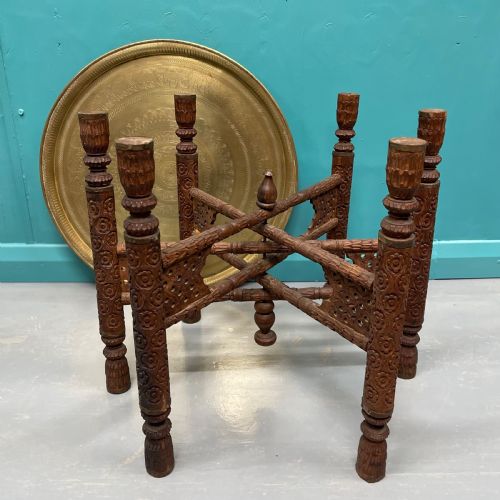 INDIAN ENGRAVED BRASS TRAY TOP FOLDING SIDE TABLE - ADDITIONAL PHOTO 1