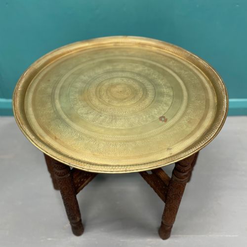 INDIAN ENGRAVED BRASS TRAY TOP FOLDING SIDE TABLE - ADDITIONAL PHOTO 2
