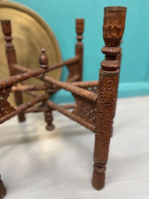 INDIAN ENGRAVED BRASS TRAY TOP FOLDING SIDE TABLE - ADDITIONAL PHOTO 4