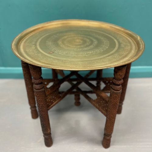 INDIAN ENGRAVED BRASS TRAY TOP FOLDING SIDE TABLE - ADDITIONAL PHOTO 5