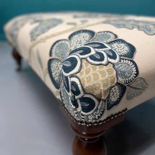 NEWLY UPHOLSTERED OTTOMAN FOOTSTOOL ON BULBOUS LEGS - ADDITIONAL PHOTO 2