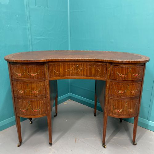 satinwood kidney desk with original painted decoration - CATEGORY: ANTIQUE DESKS - DATED 19TH CENTURY