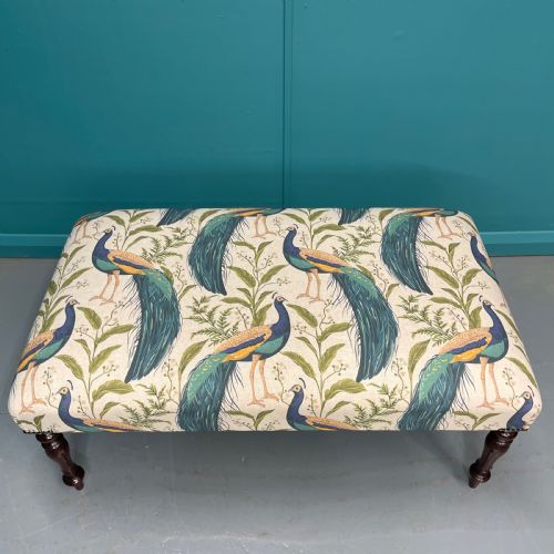 NEWLY UPHOLSTERED PEACOCKS OTTOMAN FOOTSTOOL - ADDITIONAL PHOTO 2