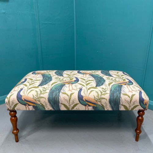 newly upholstered ottoman footstool with peacocks - CATEGORY: ANTIQUE STOOLS - DATED 19TH CENTURY