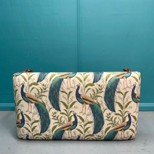 NEWLY UPHOLSTERED OTTOMAN FOOTSTOOL WITH PEACOCKS - ADDITIONAL PHOTO 4