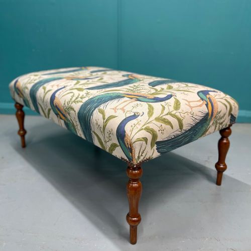 NEWLY UPHOLSTERED OTTOMAN FOOTSTOOL WITH PEACOCKS - ADDITIONAL PHOTO 5