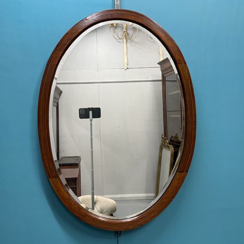 edwardian oval inlaid mirror with bevelled glass - CATEGORY: ANTIQUE MIRRORS - DATED EDWARDIAN