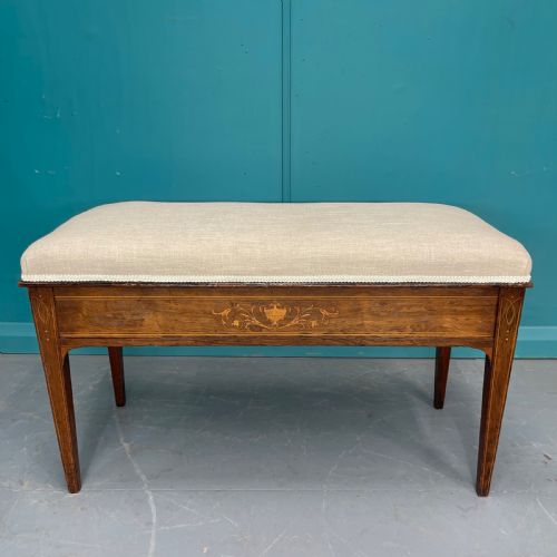 newly upholstered piano duet stool with marquetry - CATEGORY: ANTIQUE STOOLS - DATED EDWARDIAN