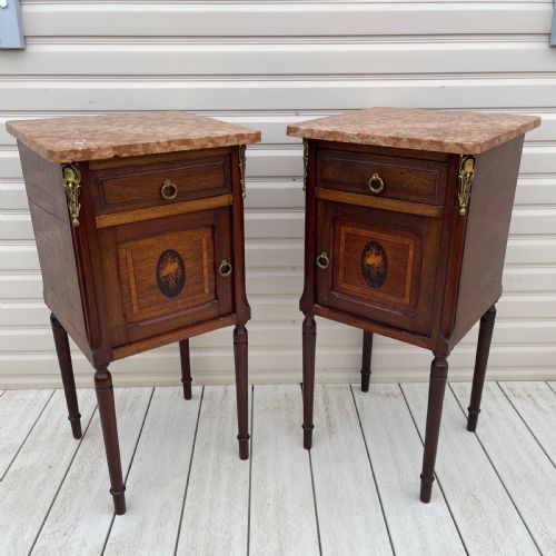 PAIR OF FRENCH MARBLE TOP BEDSIDE CABINETS - ADDITIONAL PHOTO 2