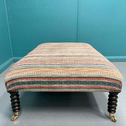LARGE NEWLY UPHOLSTERED BOBBIN STOOL ON CASTORS - ADDITIONAL PHOTO 5