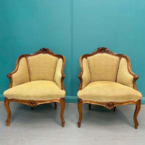 pair of french walnut low back tub armchairs - CATEGORY: ANTIQUE CHAIRS - DATED 19TH CENTURY