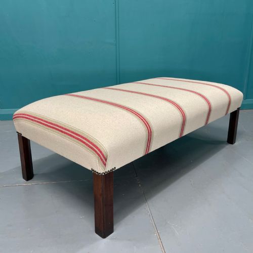 NEWLY UPHOLSTERED HEAVY TICKING STRIPE FOOTSTOOL - ADDITIONAL PHOTO 1