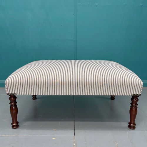 newly upholstered blue ticking stripe footstool - CATEGORY: ANTIQUE STOOLS - DATED 19TH CENTURY