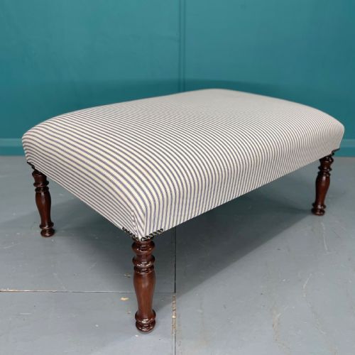 NEWLY UPHOLSTERED BLUE TICKING STRIPE FOOTSTOOL - ADDITIONAL PHOTO 1