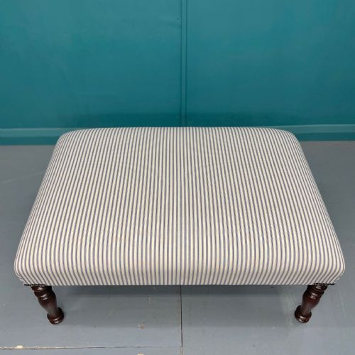 NEWLY UPHOLSTERED BLUE TICKING STRIPE FOOTSTOOL - ADDITIONAL PHOTO 2