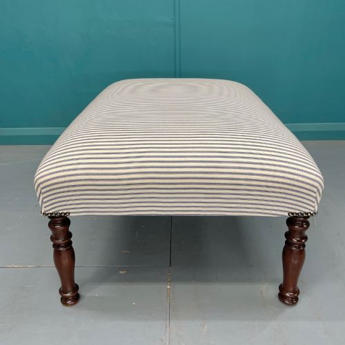 NEWLY UPHOLSTERED BLUE TICKING STRIPE FOOTSTOOL - ADDITIONAL PHOTO 3