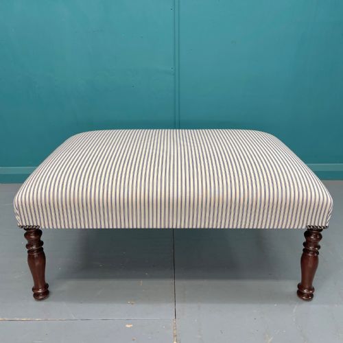 NEWLY UPHOLSTERED BLUE TICKING STRIPE FOOTSTOOL - ADDITIONAL PHOTO 5
