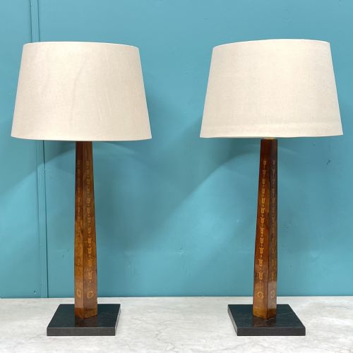 pair of sheraton revival marquetry table lamps - CATEGORY: ANTIQUE LIGHTING - DATED 1900