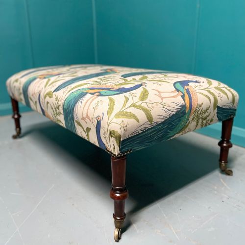 newly upholstered peacocks centre footstool - CATEGORY: ANTIQUE STOOLS - DATED 19TH CENTURY