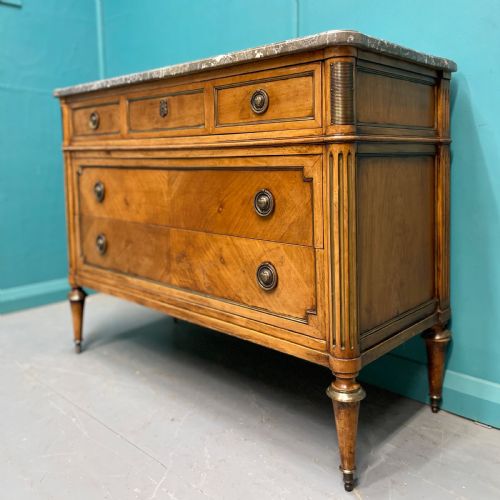 french inlaid fruitwood marble top commode - CATEGORY: ANTIQUE CHEST OF DRAWERS - DATED 19TH CENTURY