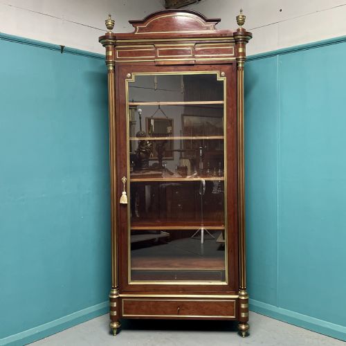 french mahogany and brass inlaid bookcase armoire - CATEGORY: ANTIQUE BOOKCASES - DATED 1880