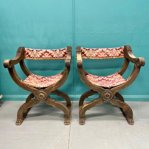 pair of spanish x frame hip joint hall chairs - CATEGORY: ANTIQUE CHAIRS - DATED 19TH CENTURY