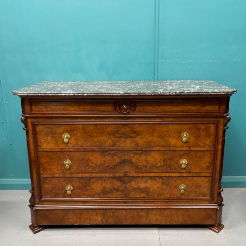french burr walnut commode with marble top - CATEGORY: ANTIQUE CHEST OF DRAWERS - DATED 19TH CENTURY