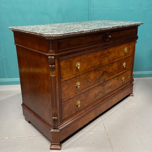 FRENCH BURR WALNUT COMMODE WITH MARBLE TOP - ADDITIONAL PHOTO 4