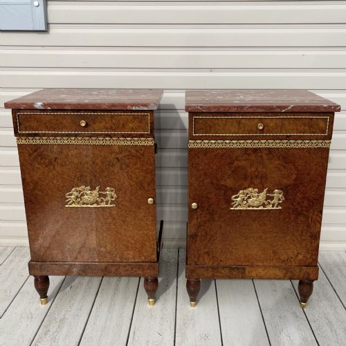 pair of french empire style burr walnut bedside cabinets - CATEGORY: ANTIQUE CUPBOARDS - DATED 1920