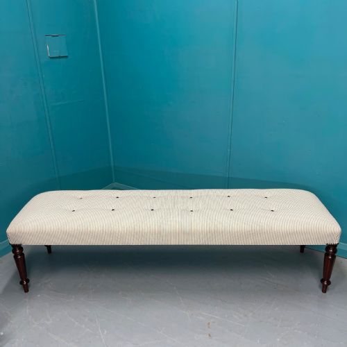NEWLY UPHOLSTERED 6 FOOT LONG STOOL IN BUTTONED TICKING - ADDITIONAL PHOTO 1