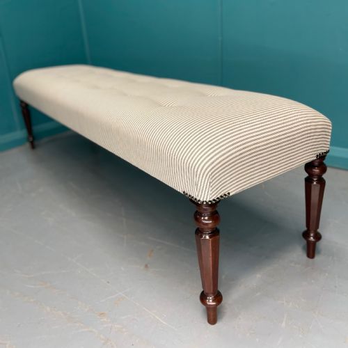 NEWLY UPHOLSTERED 6 FOOT LONG STOOL IN BUTTONED TICKING - ADDITIONAL PHOTO 2
