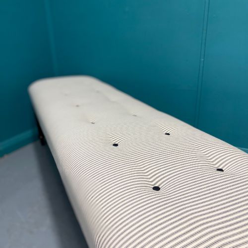 NEWLY UPHOLSTERED 6 FOOT LONG STOOL IN BUTTONED TICKING - ADDITIONAL PHOTO 5