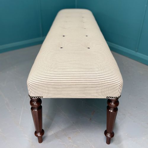 NEWLY UPHOLSTERED 6 FOOT LONG STOOL IN BUTTONED TICKING - ADDITIONAL PHOTO 6