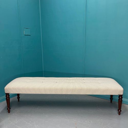 NEWLY UPHOLSTERED 6 FOOT LONG STOOL IN BUTTONED TICKING - ADDITIONAL PHOTO 7