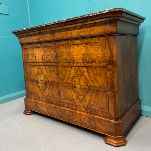 19TH CENTURY FRENCH BURR WALNUT MARBLE TOP COMMODE - ADDITIONAL PHOTO 1