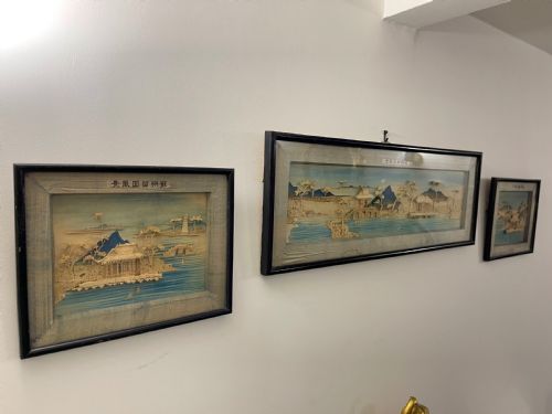 triptych chinese diorama of seascapes and pavilions - CATEGORY: ANTIQUE ART - DATED 1900